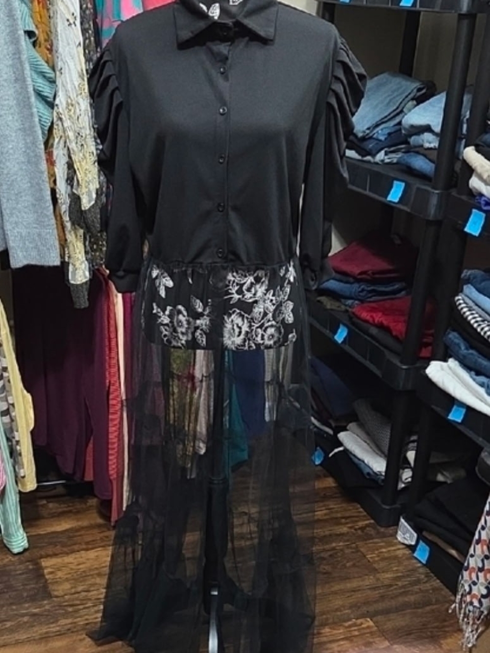 Source Unknown Black Button-Down Top with Sheer Tulle Hem
